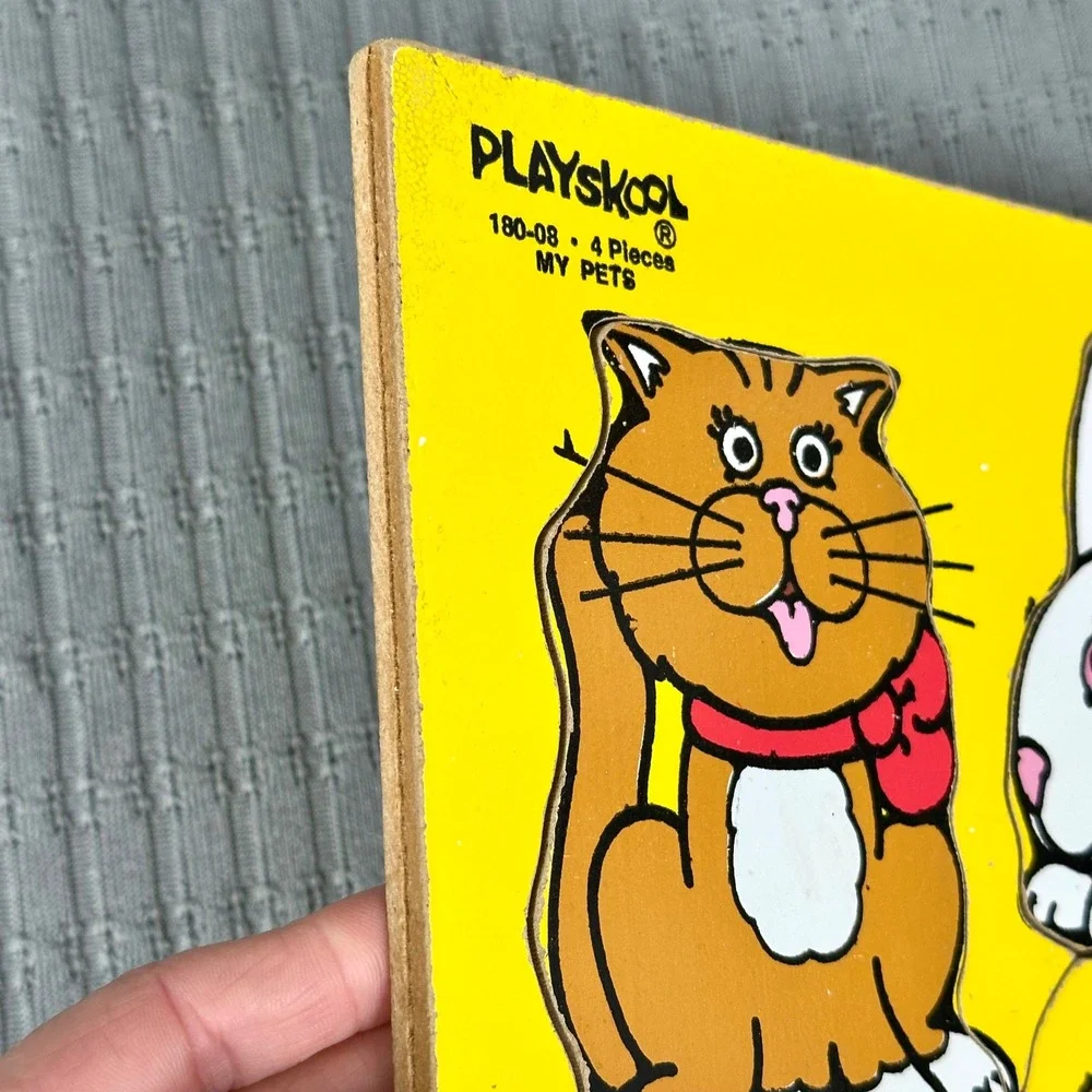 Vintage My Pets Wooden Peg Puzzle 4 Pieces Cat Dog Rabbit Puppy Made in USA
